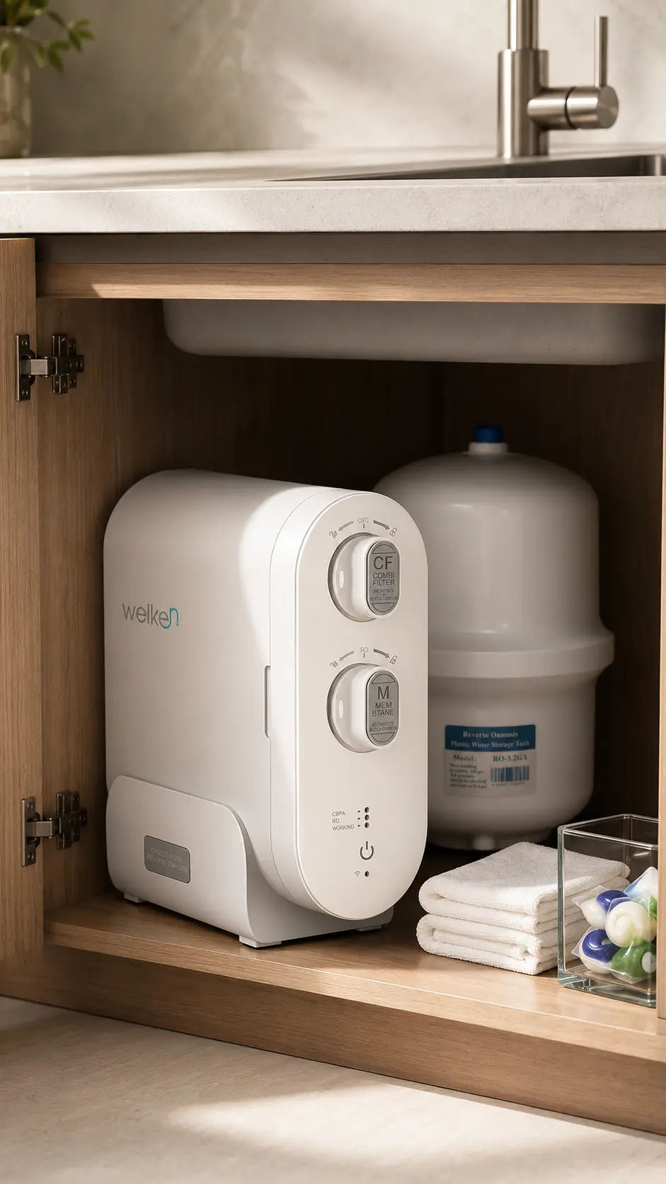 Welken RO water purifier installed under a kitchen sink