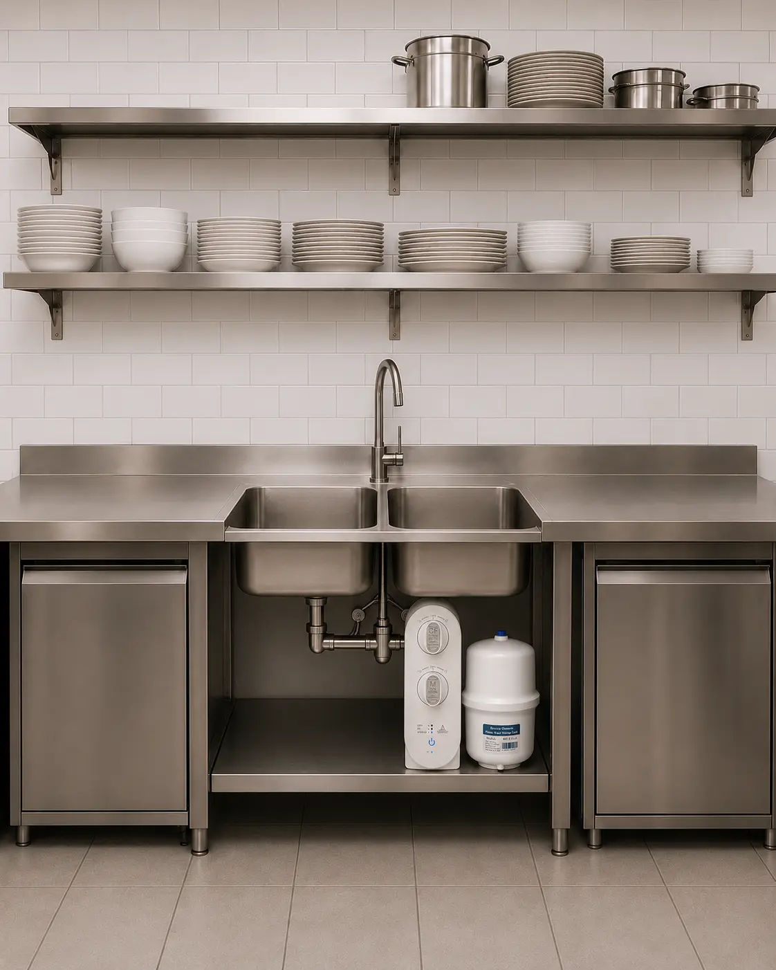 Cocina industrial con sistema Welken instalado bajo el fregadero